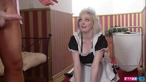 Hotel maid Carly Rae deepthroats two dicks and swallows a mouthful of cum