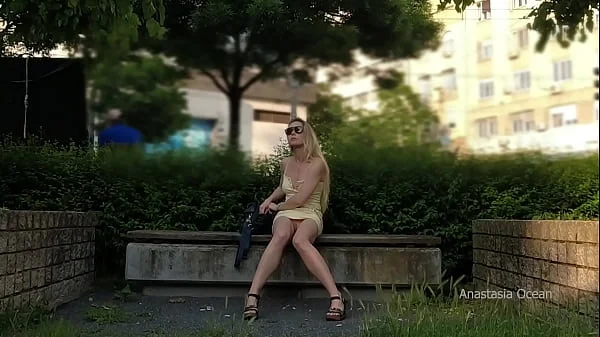 Flashing pussy to strangers outdoor. Upskirt in public.