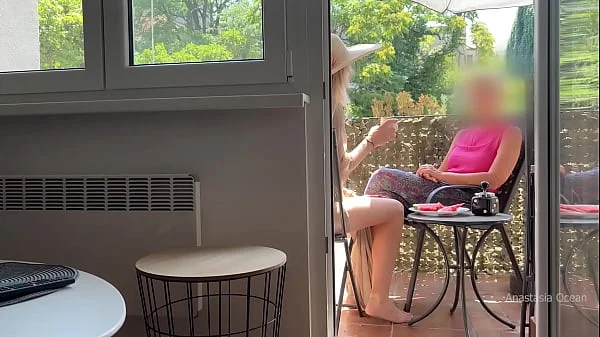 My husband is jerking off and cum in front of my stepmom a while we talk on balcony.