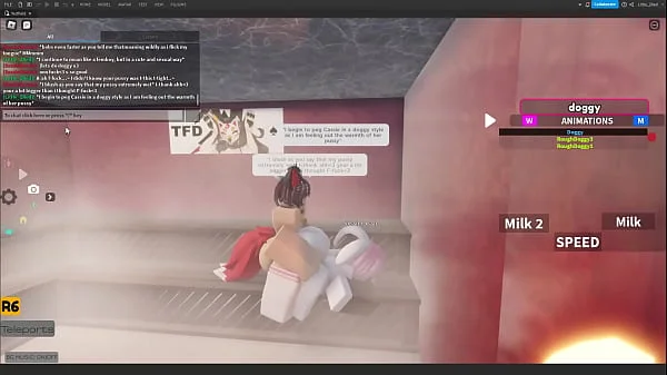 Femboy cat pegging bisexual female bunny in a Roblox Studio collab project