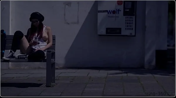 Brunette girl with skateboard flashing in public