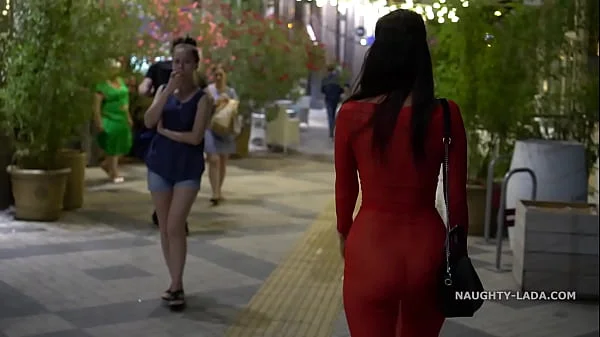 Red transparent dress in public