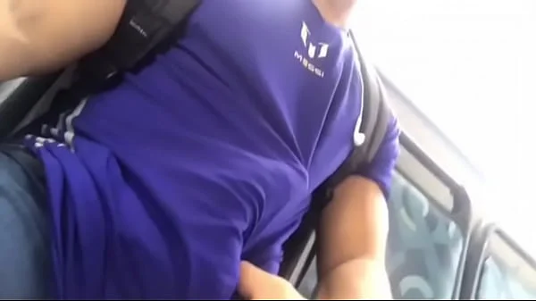 Muscle guy with big dick on bus