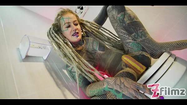 alternative TATTOO model solo PISS action - ANAL toy masturbation, pee fetish, dreads